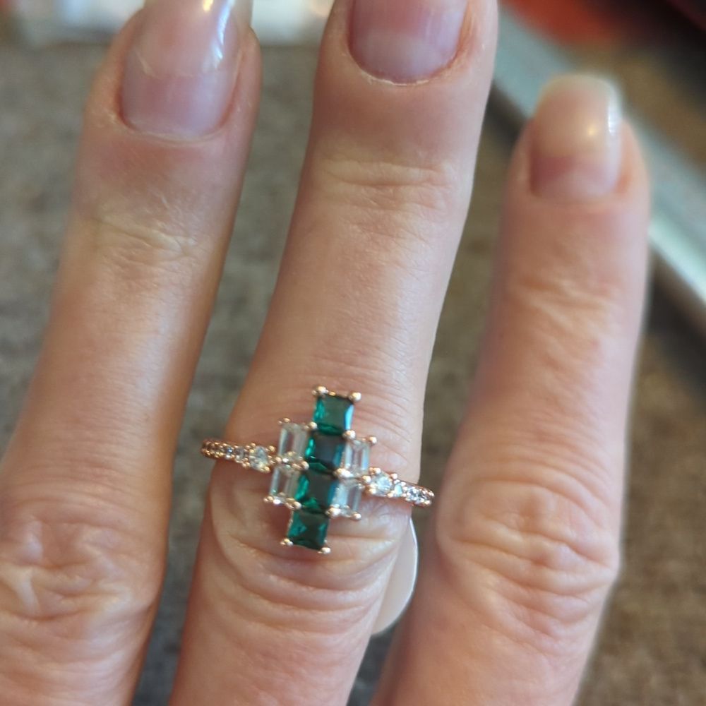 Ring "Shine Your Lights" Lab Created Emerald, CZ, Rose Gold Plated SZ.7